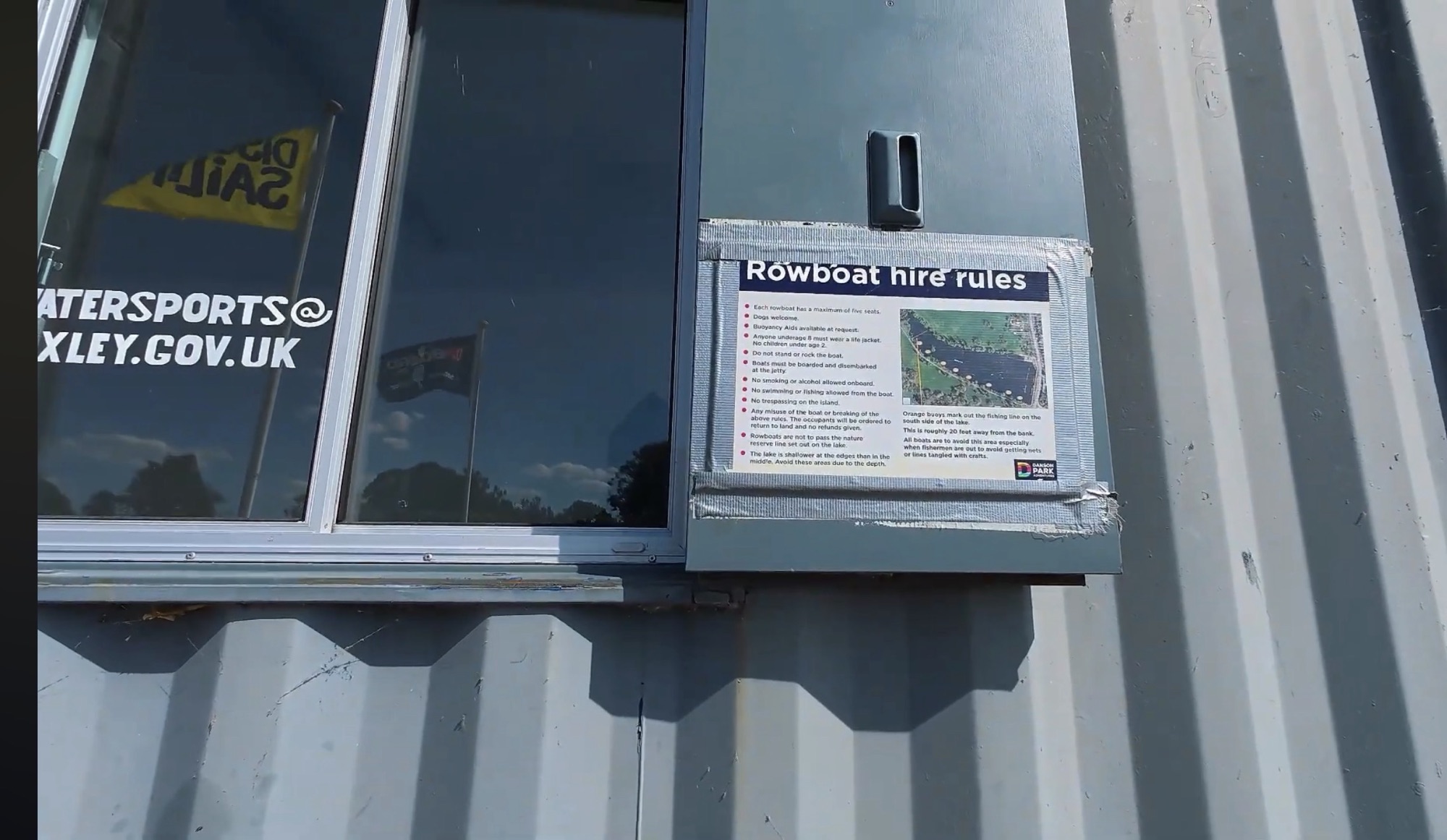 Rowboat hire rules notice taped to the hire cabin at Danson Park