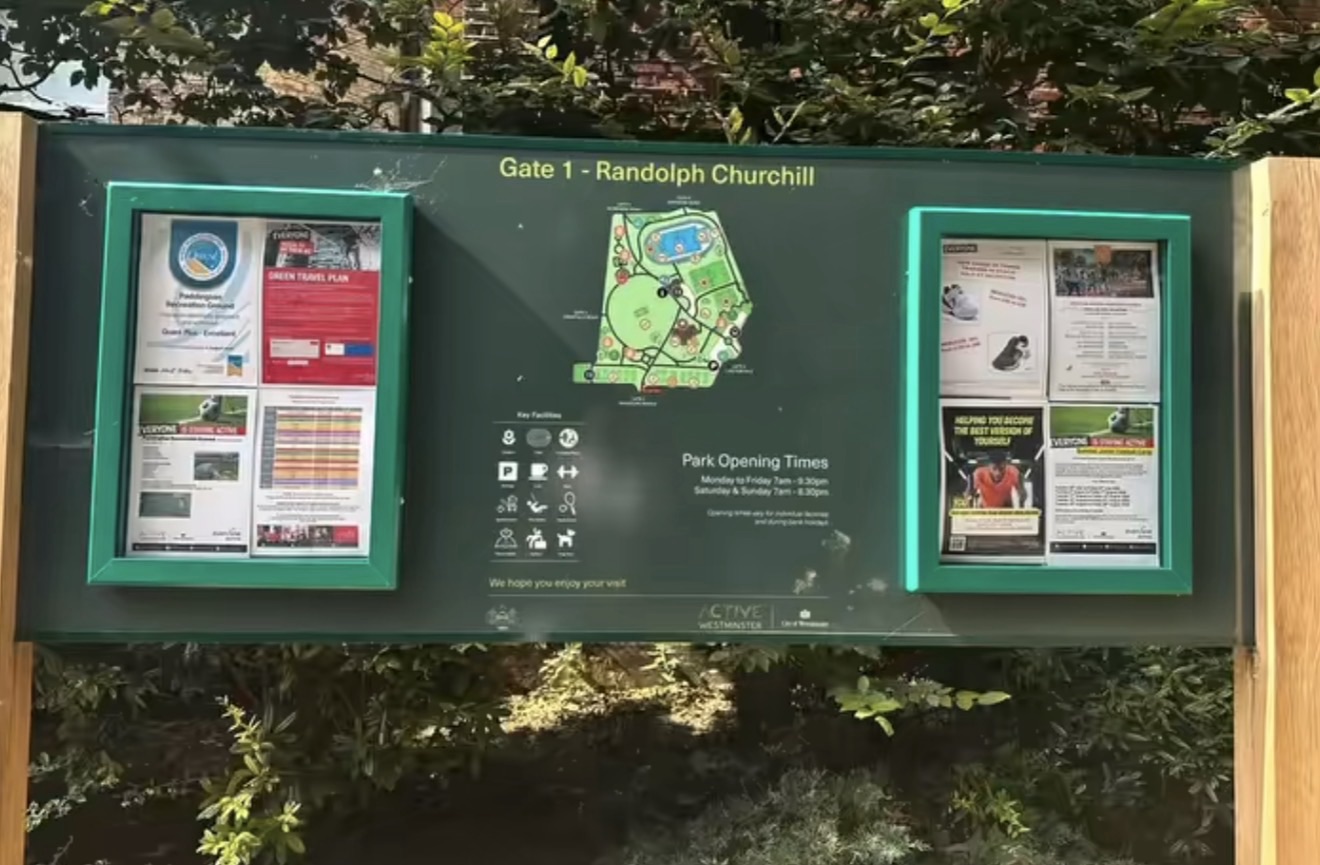 Paddington Recreation Ground history board describing the park's 1888 opening