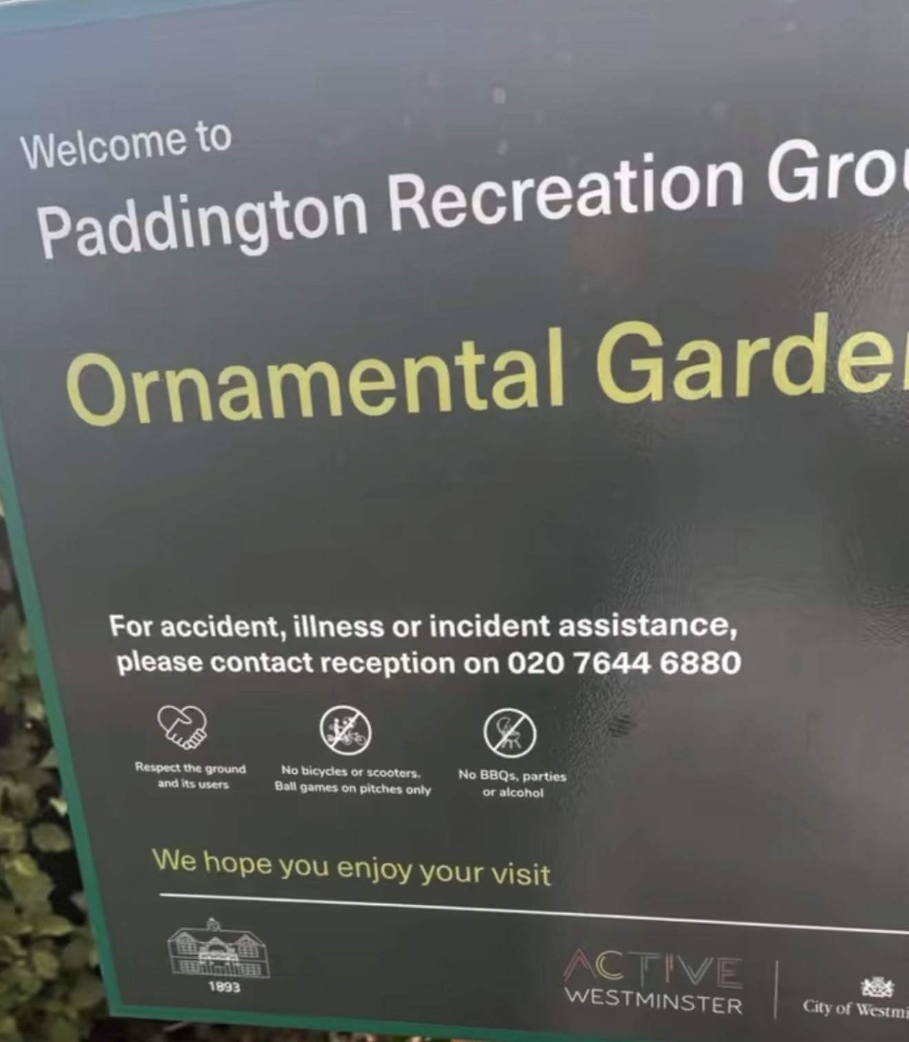 Ornamental Garden welcome sign listing rules at Paddington Recreation Ground