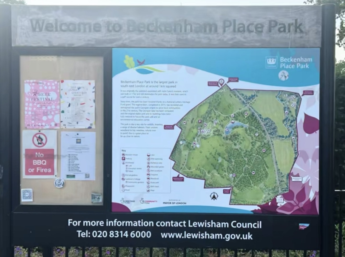 Welcome to Beckenham Place Park sign with site map and Lewisham Council contact details
