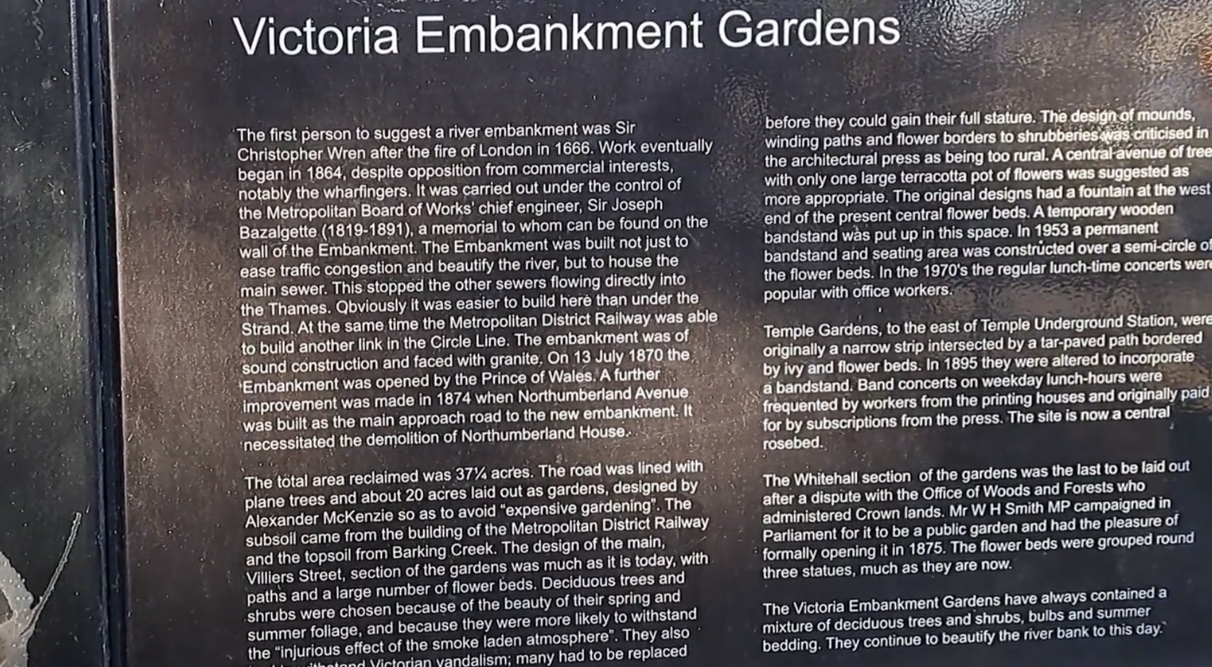 Interpretation board titled Victoria Embankment Gardens describing the history of the site