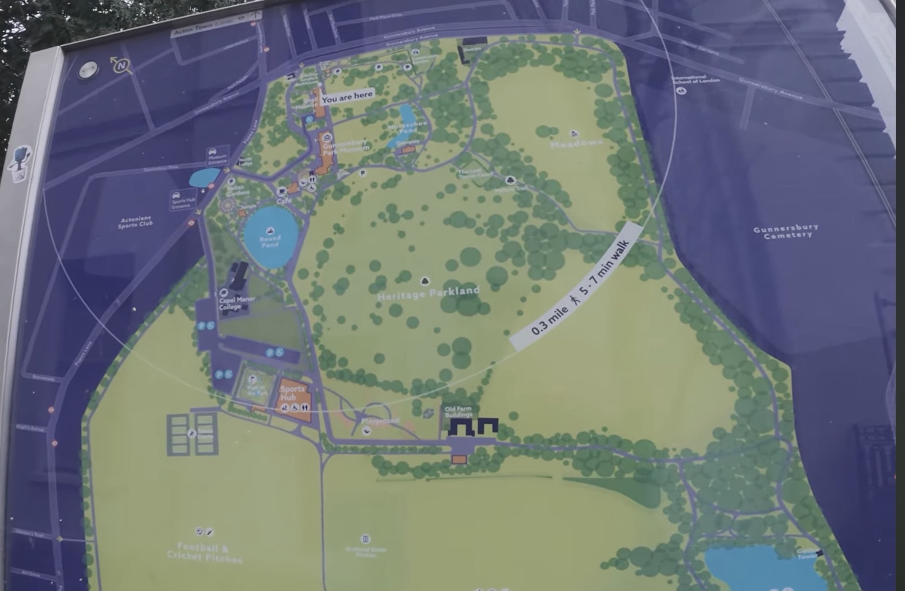 Gunnersbury Park orientation map showing the museum, ponds and heritage parkland with a You Are Here marker