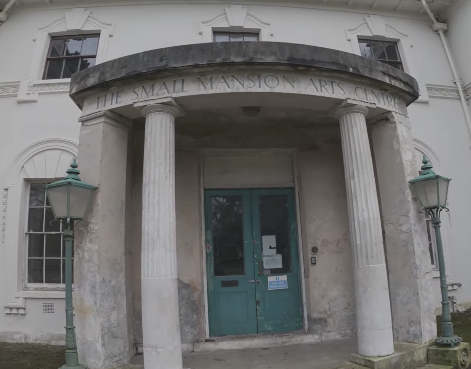Entrance portico of the Small Mansion Arts Centre in Gunnersbury Park