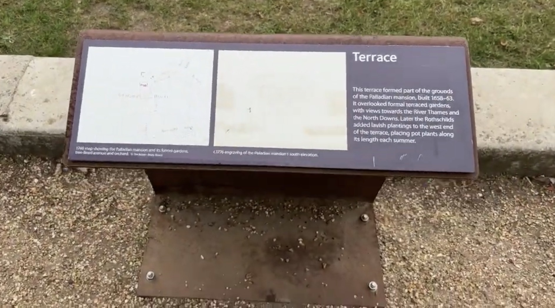 Terrace interpretation board describing the Palladian mansion built 1658 to 1663