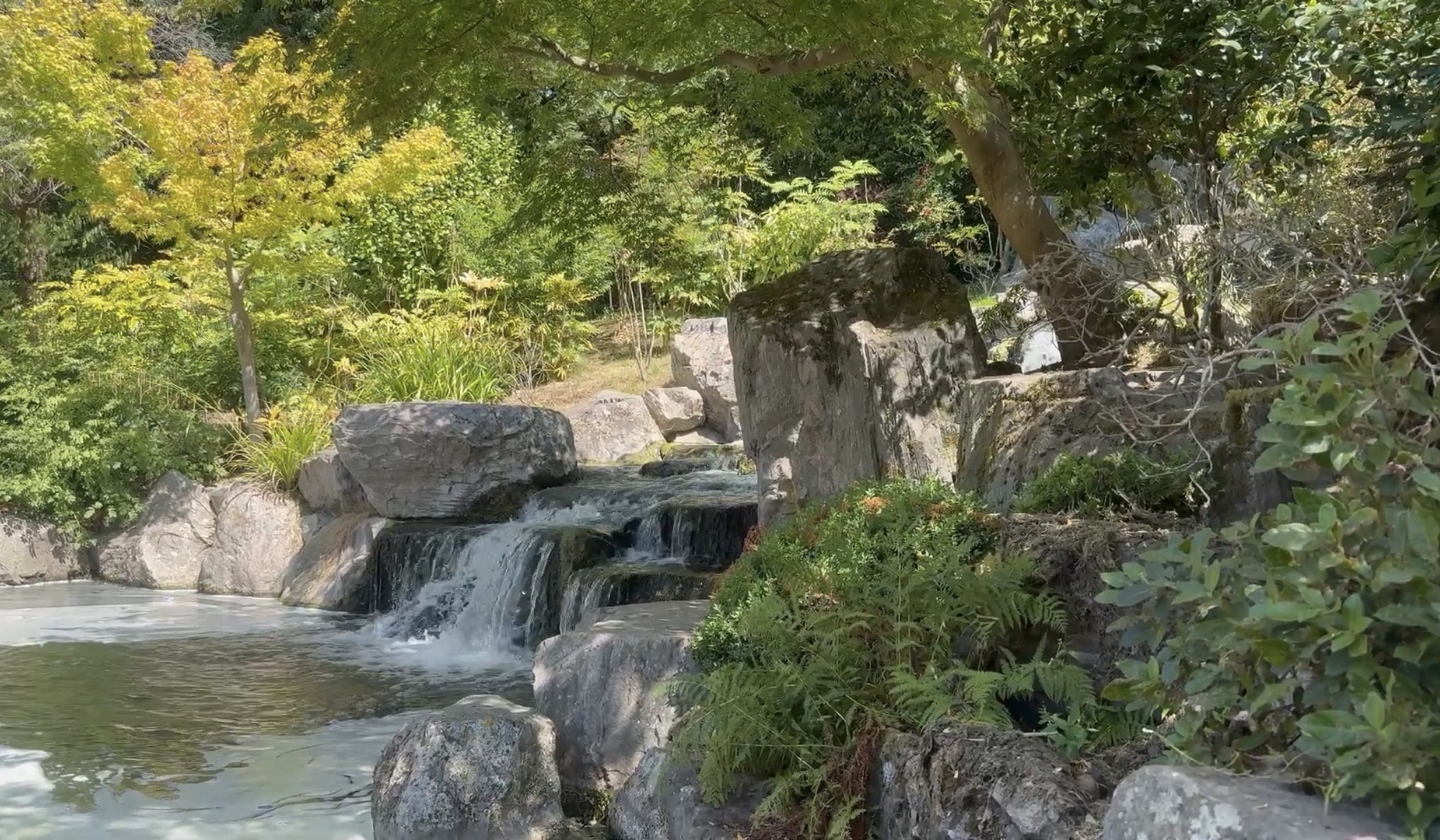 The waterfall cascading over rocks in the Kyoto Garden at Holland Park