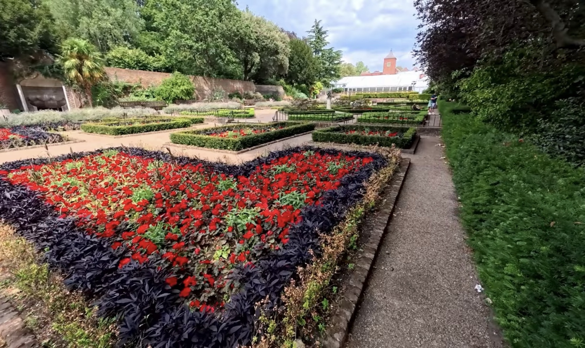 Formal red and black flower beds in the Dutch Garden at Holland Park