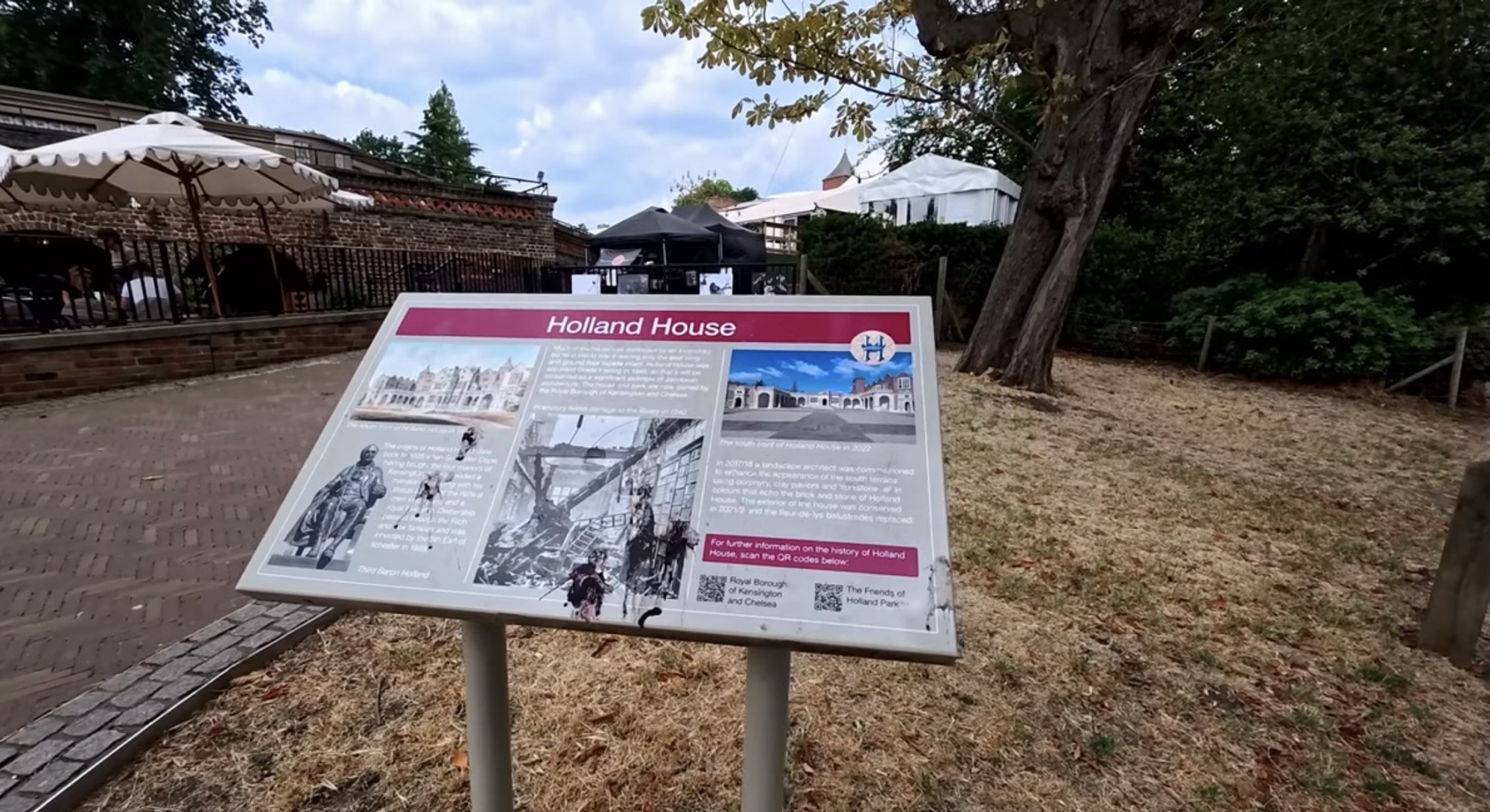 Holland House interpretation board with historic photographs of the Jacobean mansion