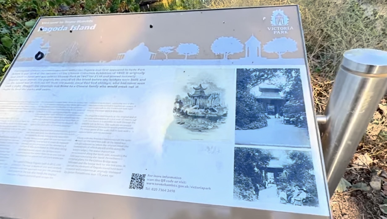 Pagoda Island sign with archive photographs of the original Chinese Summerhouse