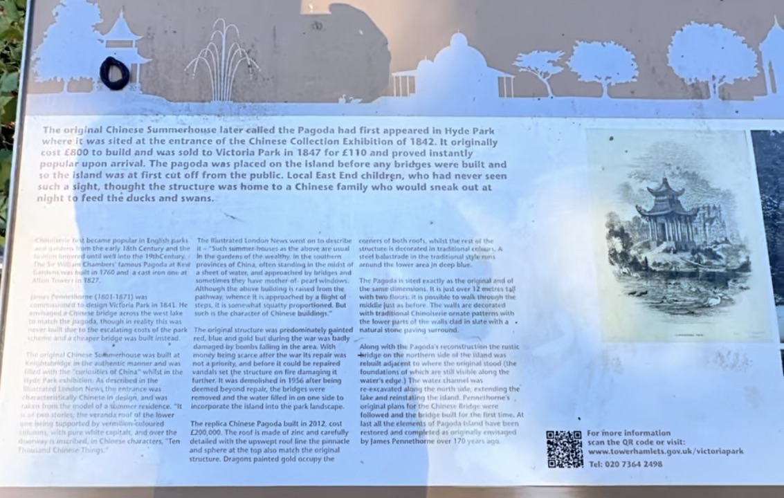 Pagoda Island interpretation board explaining the history of the Chinese Summerhouse