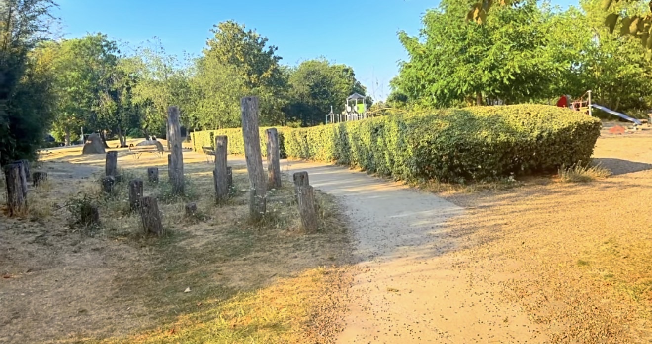 Timber posts and a play area beside a hedge in Victoria Park