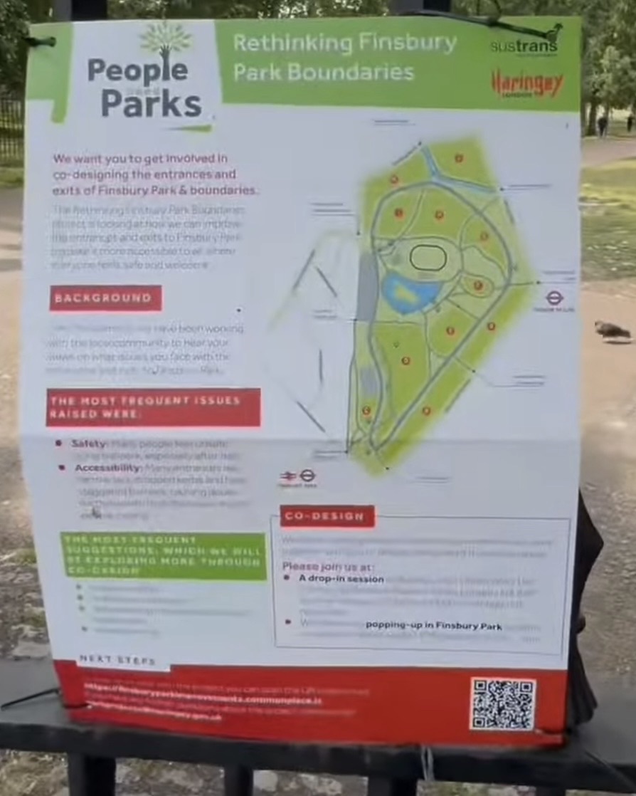 Rethinking Finsbury Park Boundaries consultation board inviting public input on entrances