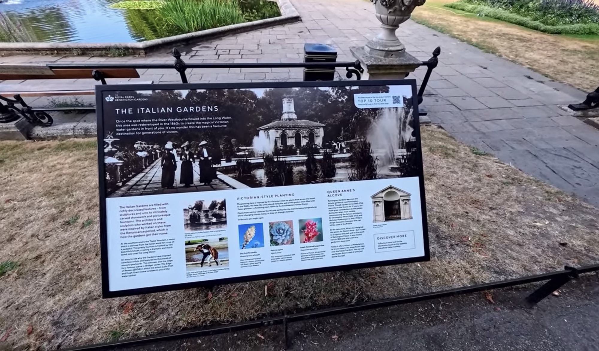 The Italian Gardens interpretation board covering the Tazza Fountain, Victorian planting and Queen Anne's Alcove