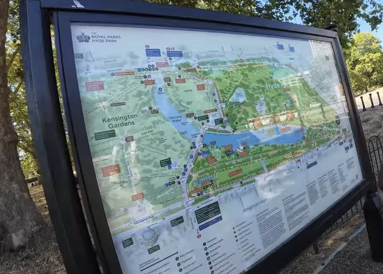 Royal Parks Hyde Park information board showing a full map of Hyde Park and neighbouring Kensington Gardens