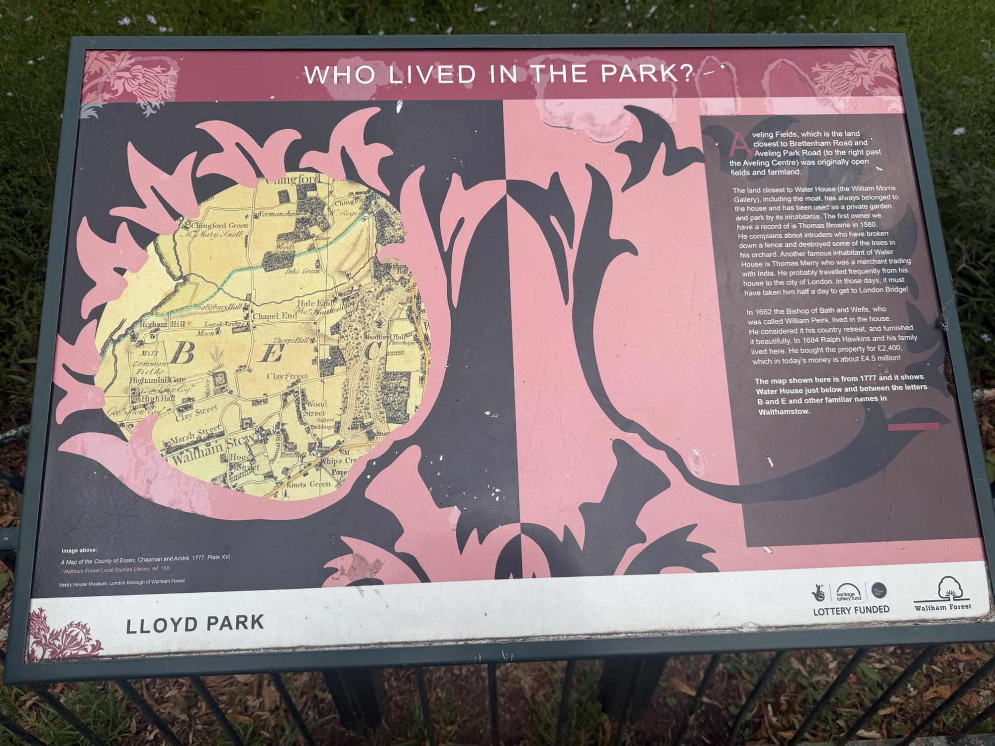 Who Lived in the Park history board at Lloyd Park with an 1777 map of the area