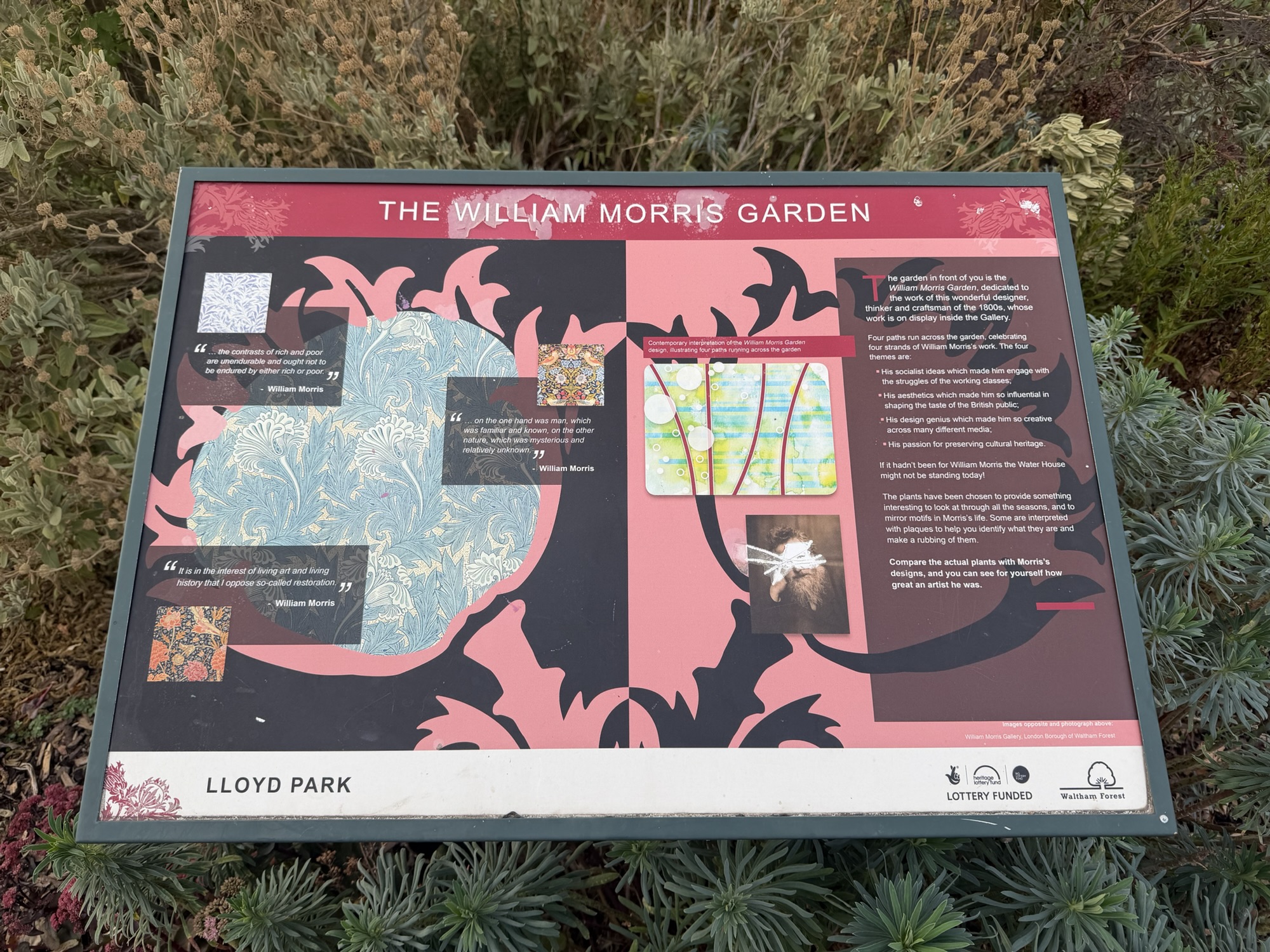 The William Morris Garden history board at Lloyd Park explaining the four design themes of the garden