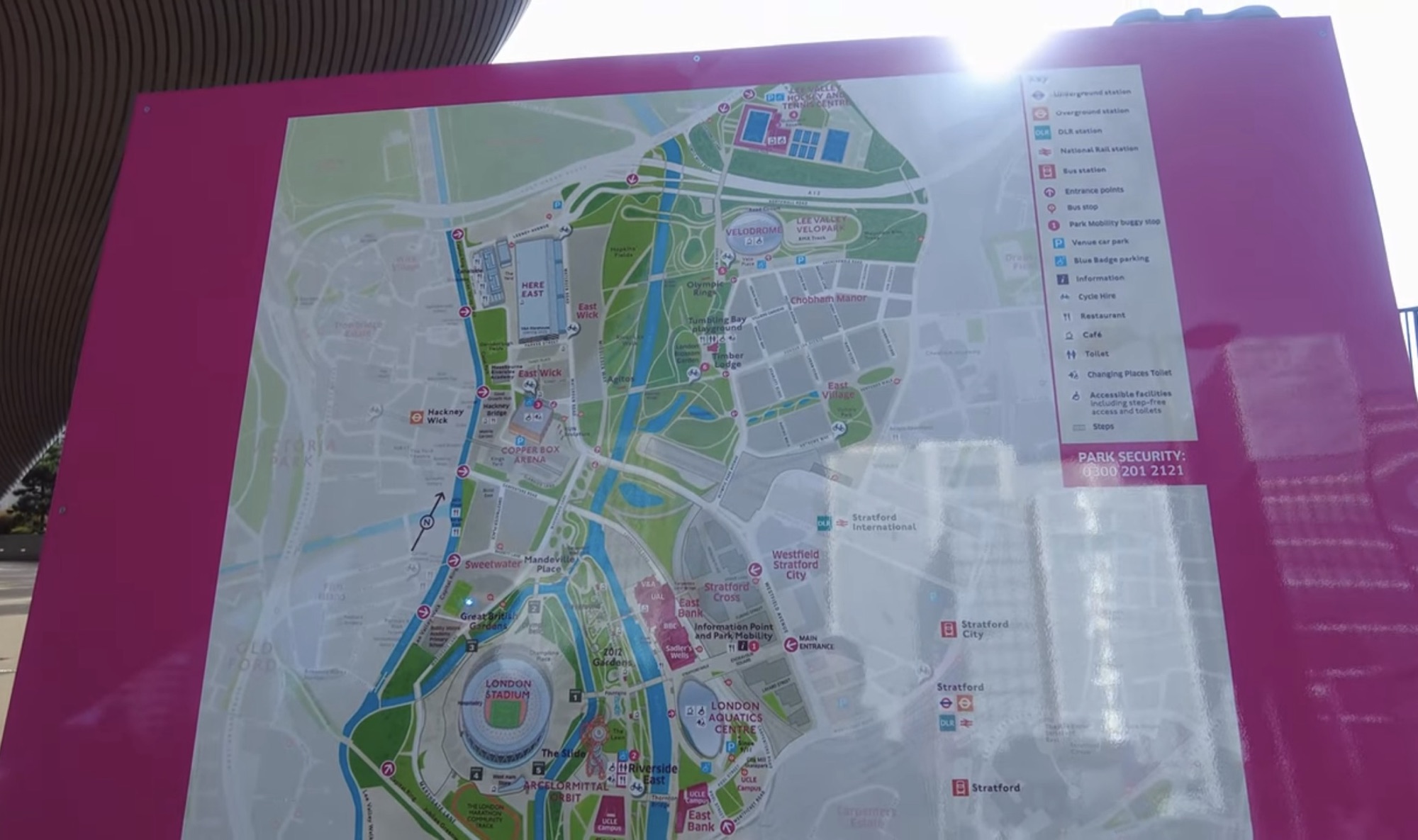 Full site map board of Queen Elizabeth Olympic Park showing the velodrome, stadium, waterways and venues