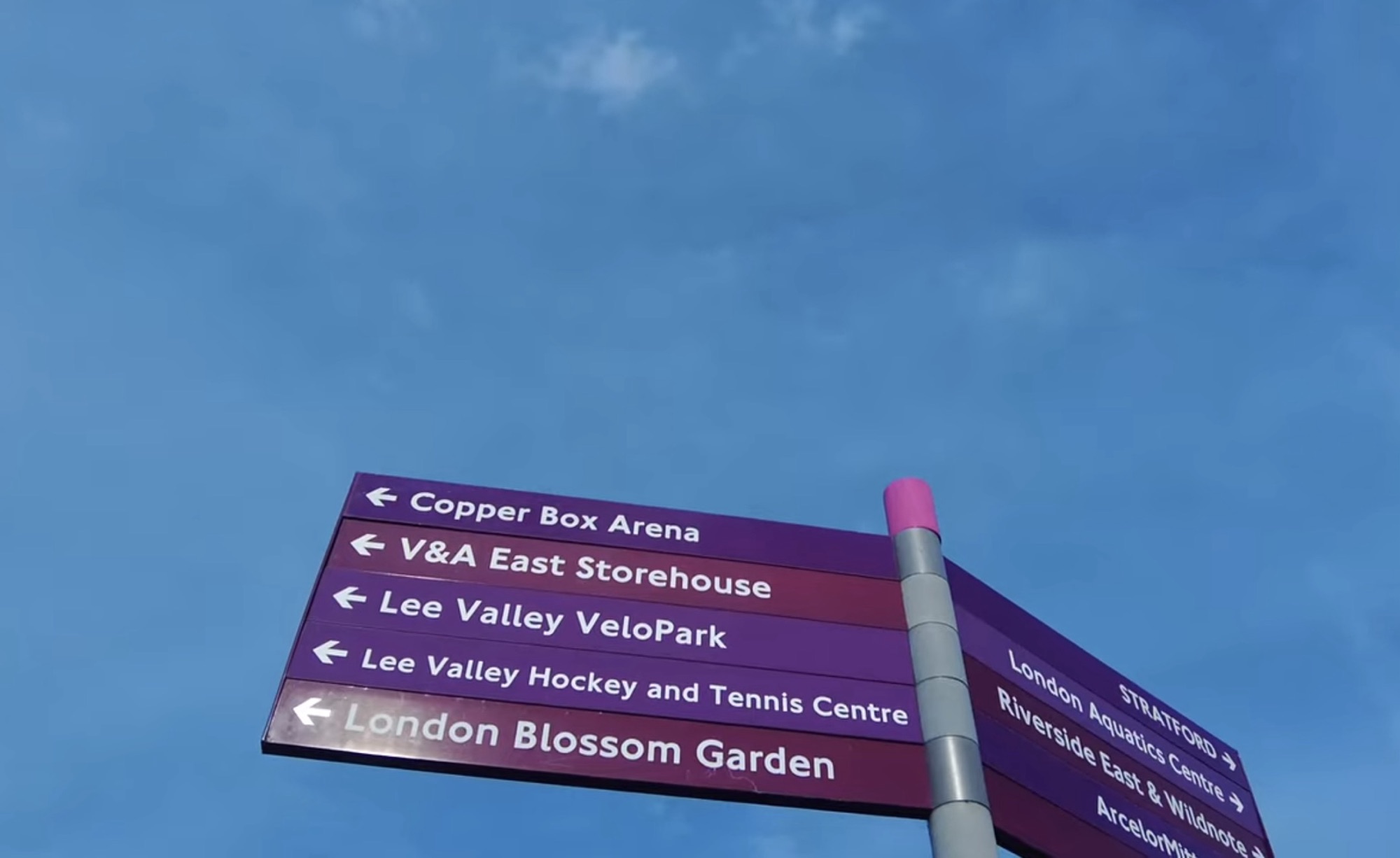 Directional signpost pointing to Copper Box Arena, V&A East Storehouse, Lee Valley VeloPark and other venues in Queen Elizabeth Olympic Park