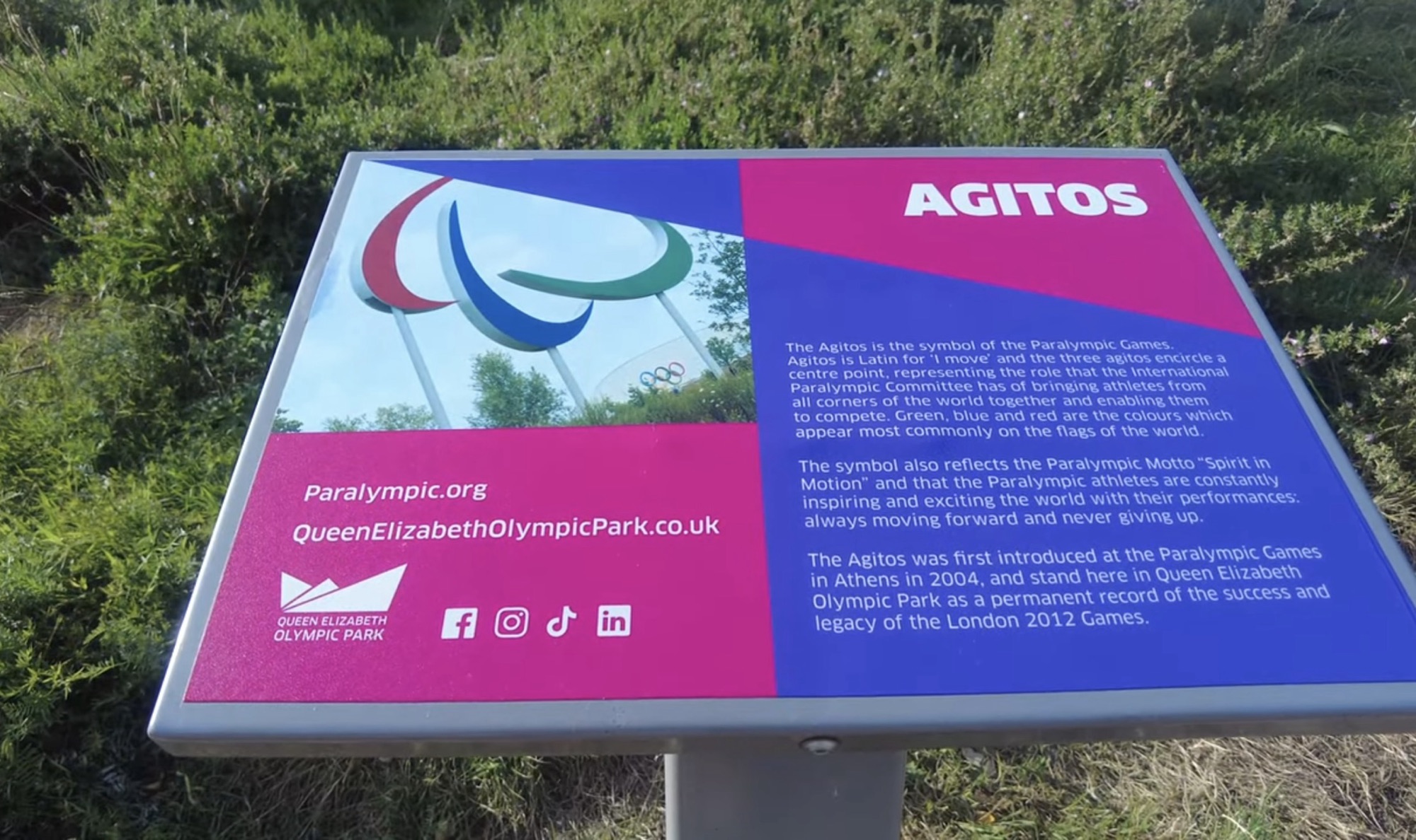 Agitos information board explaining the Paralympic Games symbol in Queen Elizabeth Olympic Park