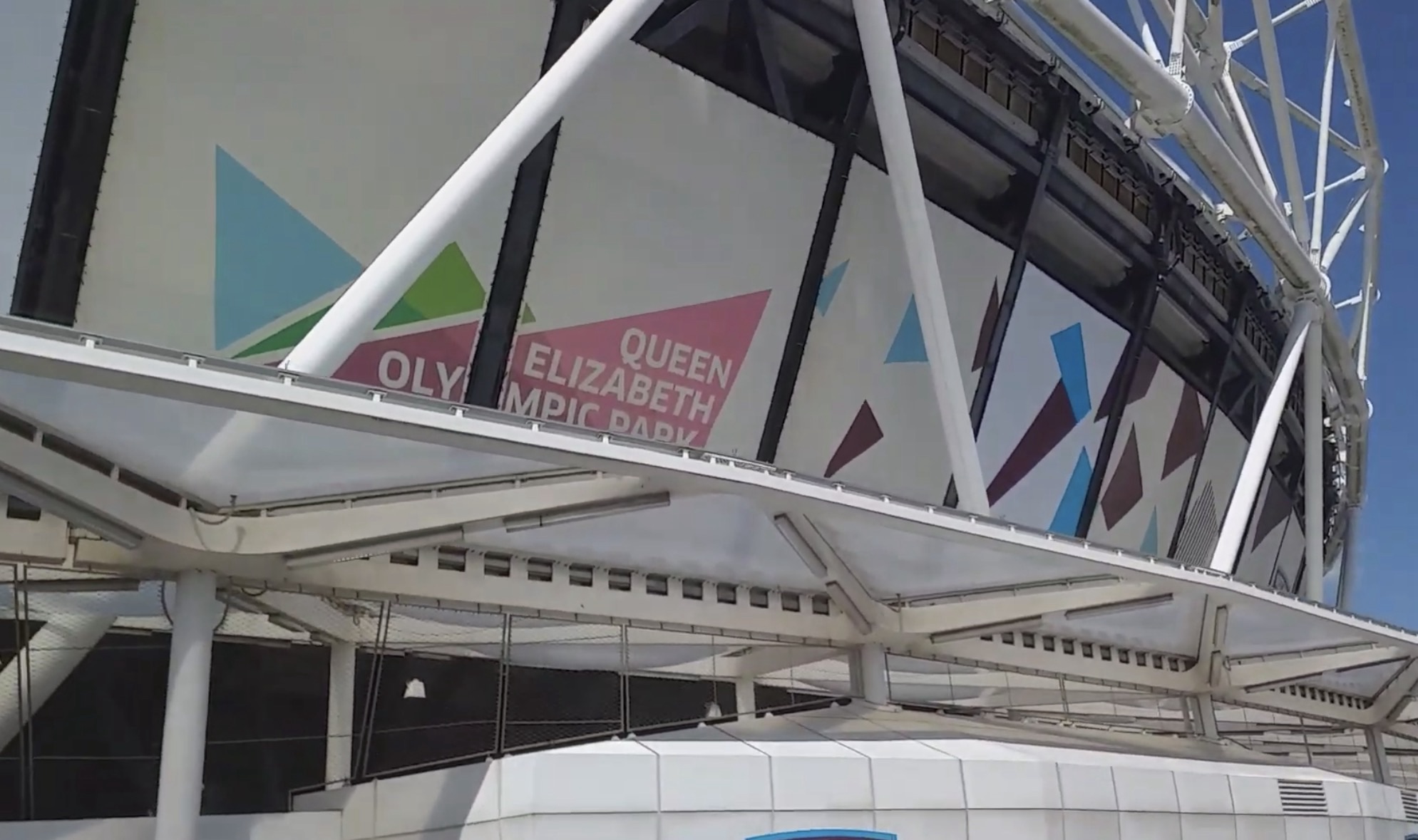 Queen Elizabeth Olympic Park branded canopy detail at the London Stadium roofline