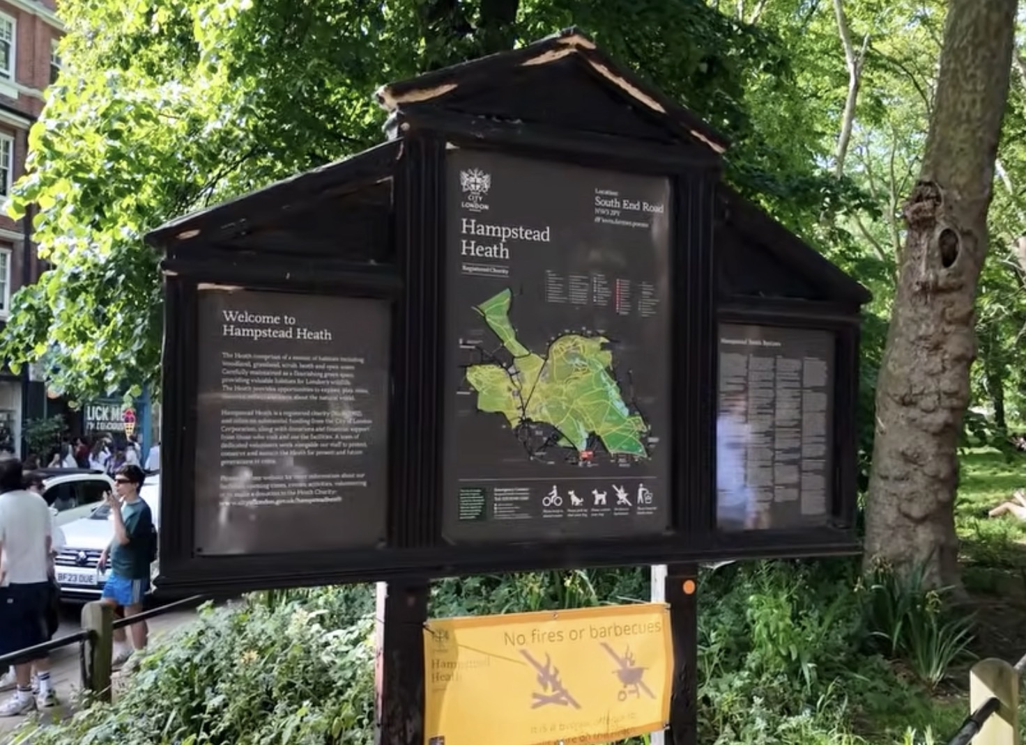 Welcome to Hampstead Heath noticeboard showing the full site map and rules including no fires or barbecues