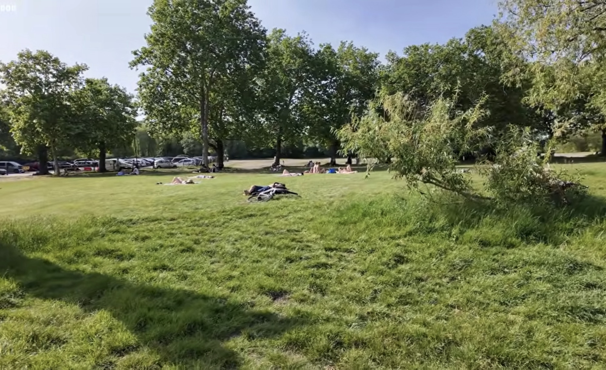 People sunbathing on the open grass near a car park at Hampstead Heath on a sunny day