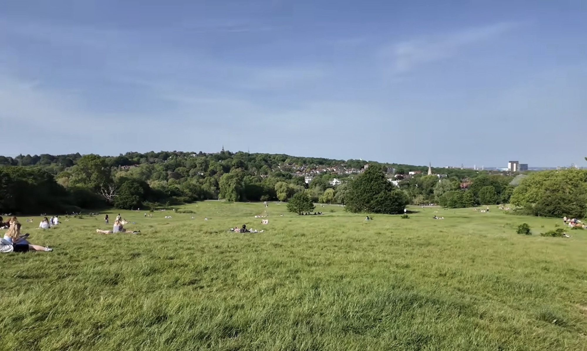Open grassland on Hampstead Heath with distant church spires and city buildings visible on the horizon