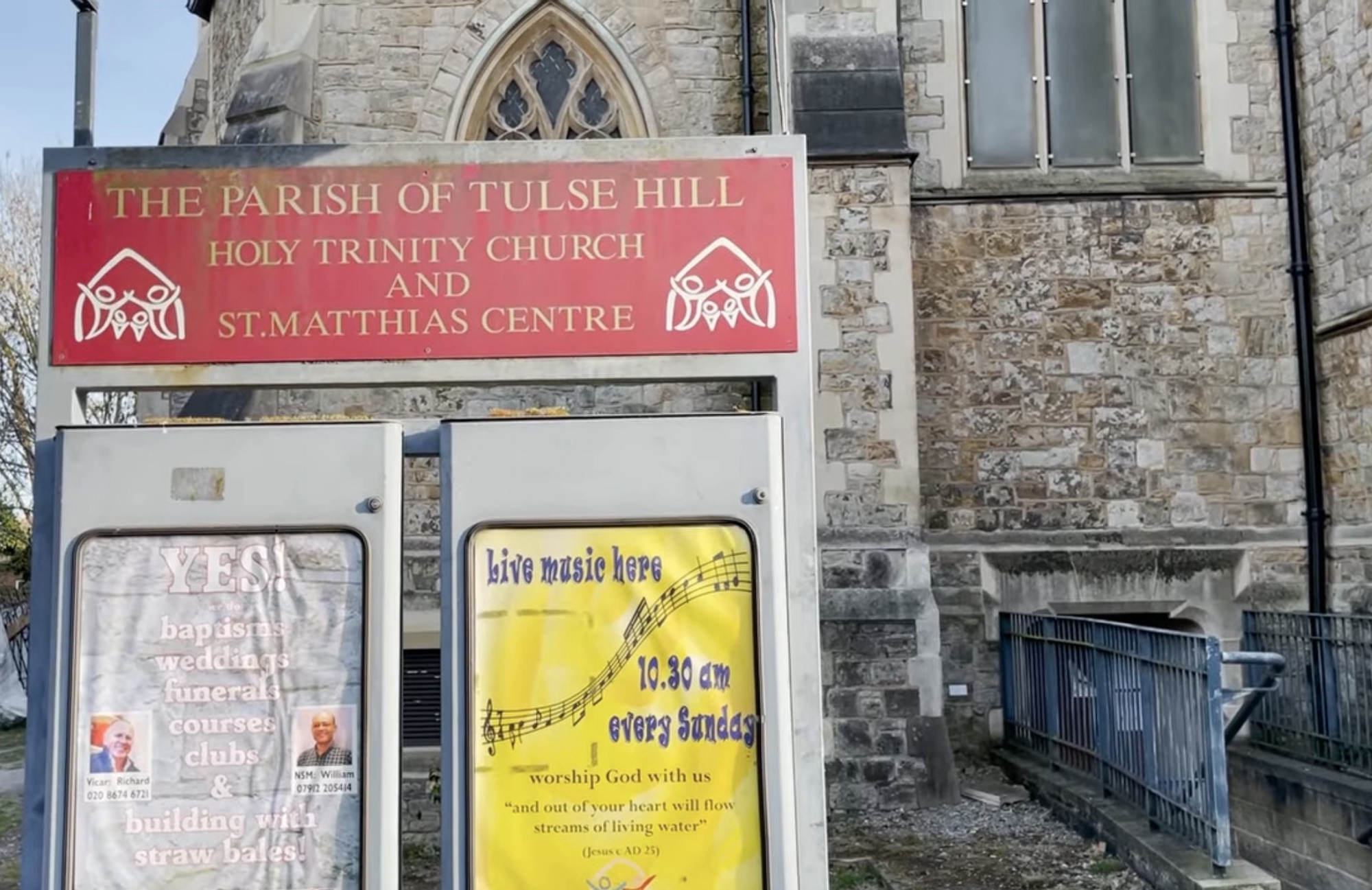 Sign for the Parish of Tulse Hill, Holy Trinity Church and St Matthias Centre near Brockwell Park