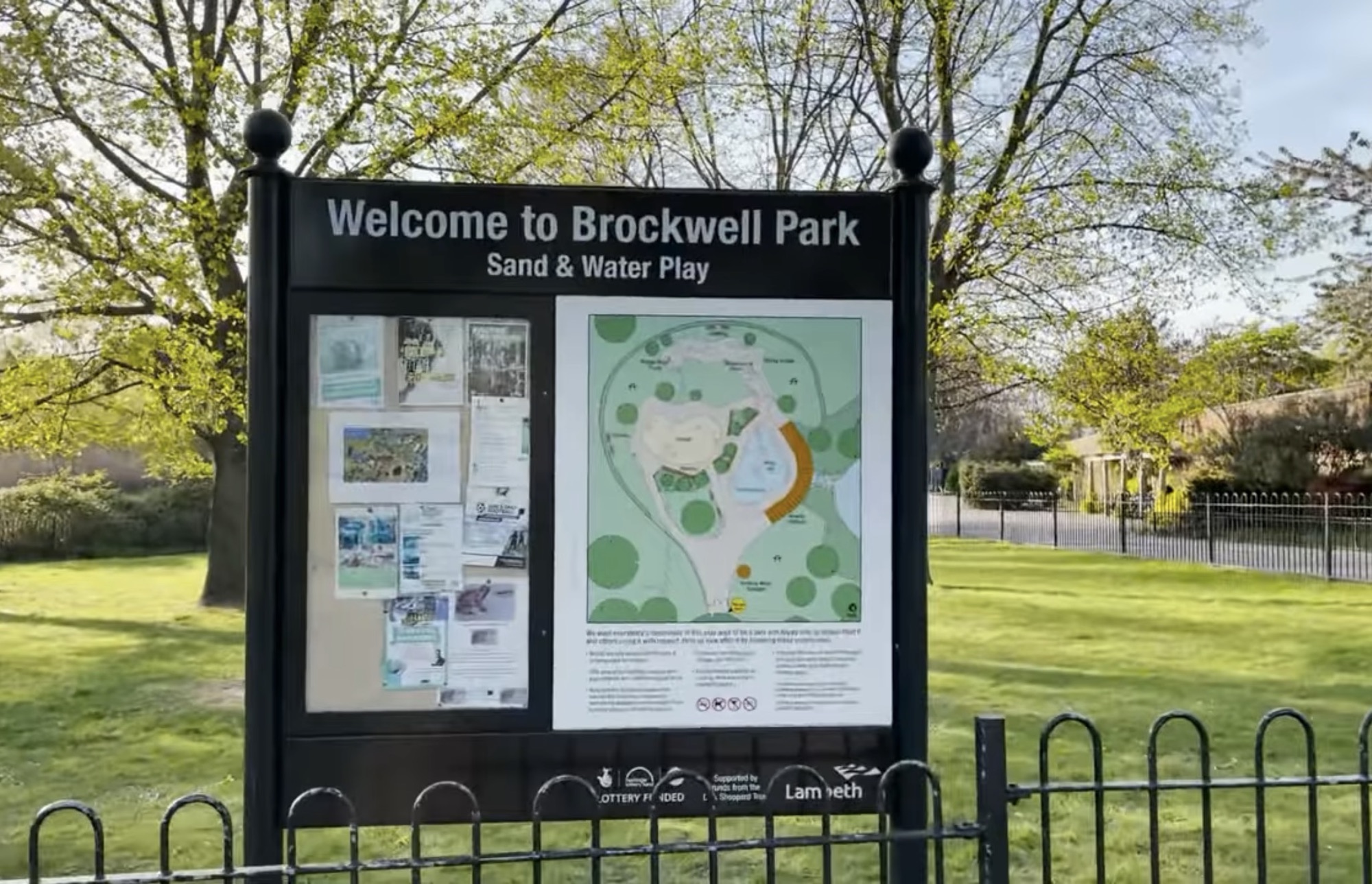 Welcome to Brockwell Park Sand and Water Play noticeboard with a map of the play area layout