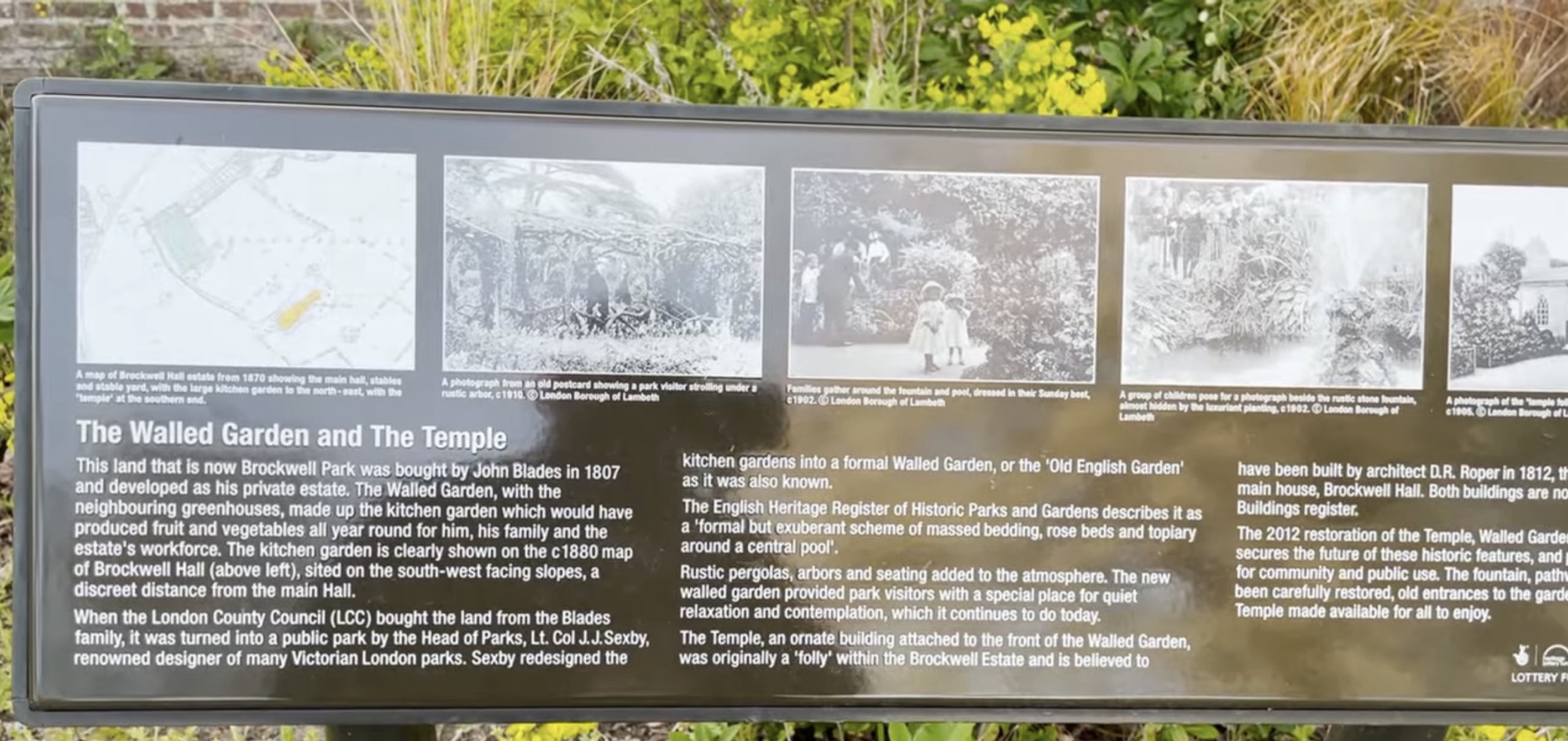 Interpretation board about the Walled Garden and Temple at Brockwell Park showing a historic estate map and archive photographs from the early 1900s