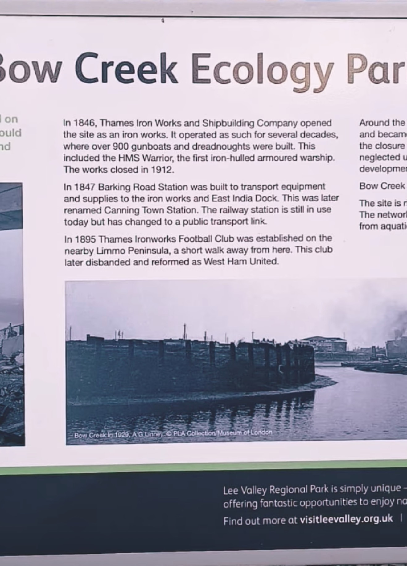 Information panel about the history of Bow Creek Ecology Park