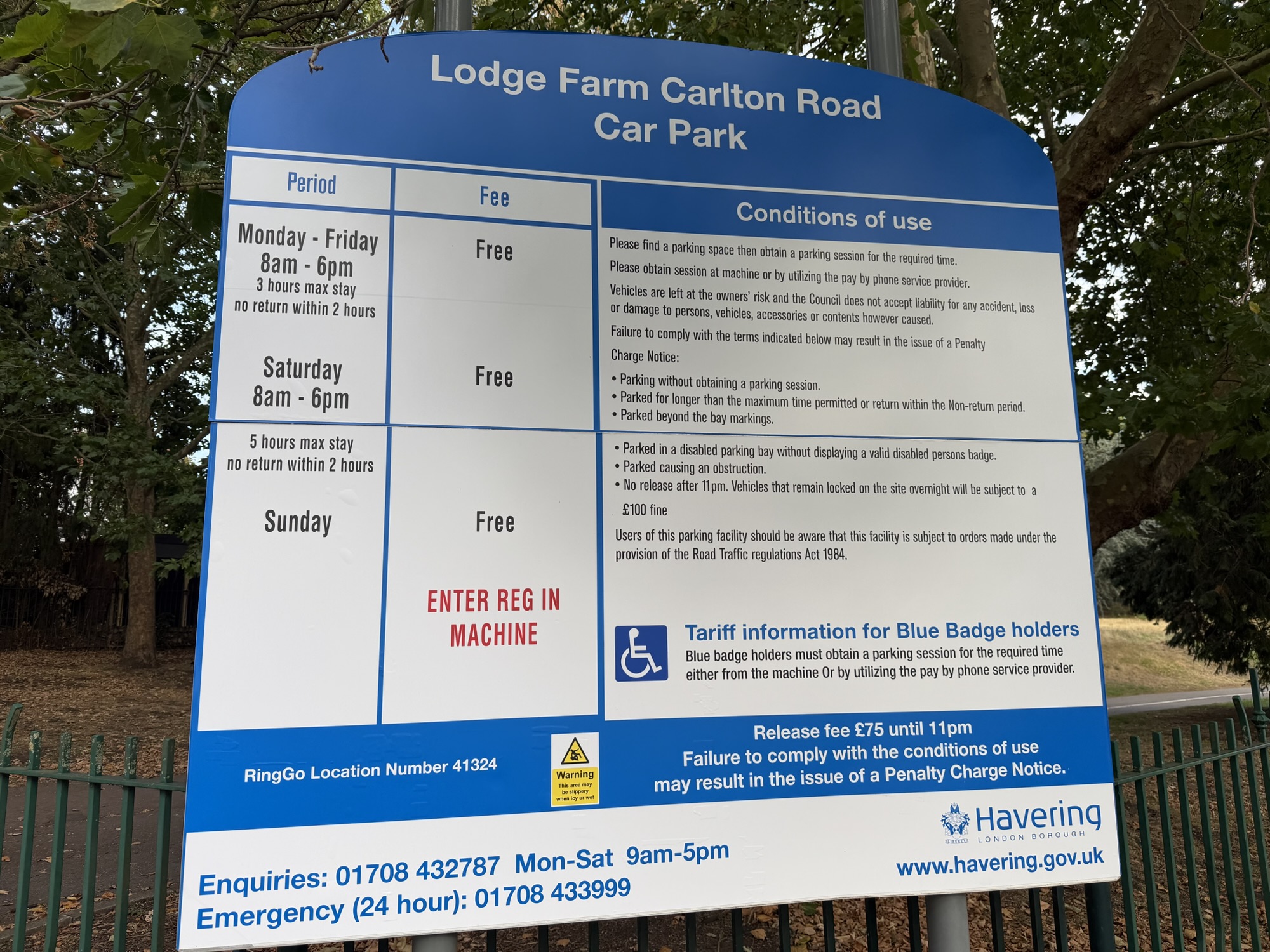 Lodge Farm Carlton Road car park sign showing parking periods, fees and conditions of use