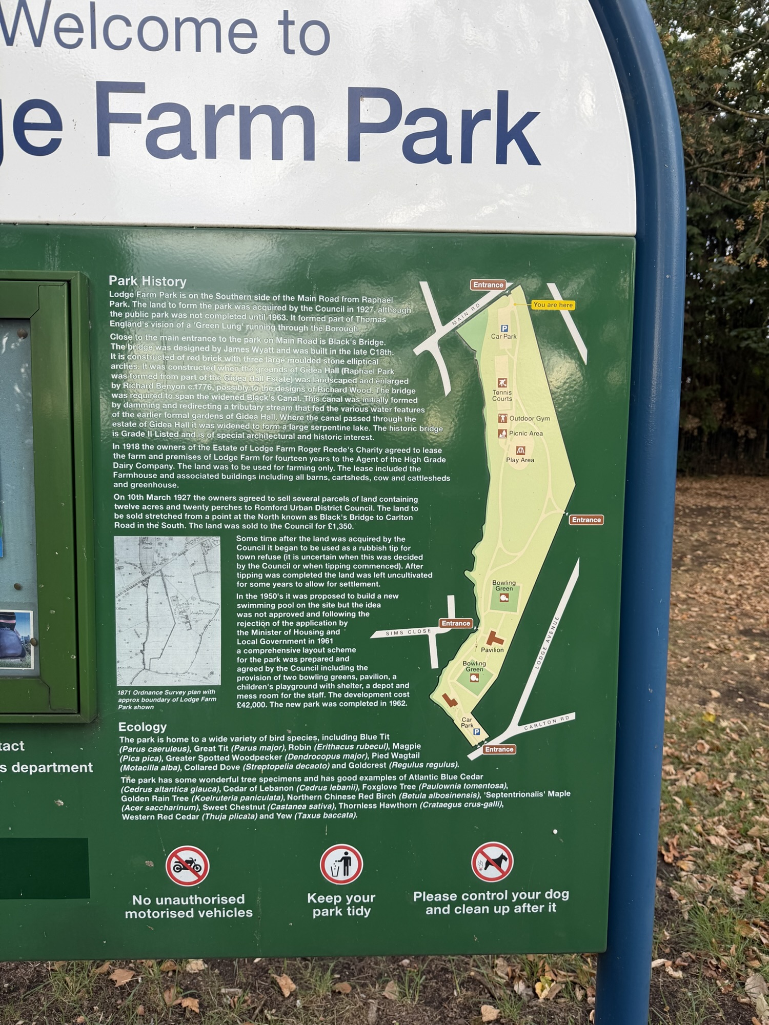 Welcome to Lodge Farm Park information board showing the park's history and a map of its layout