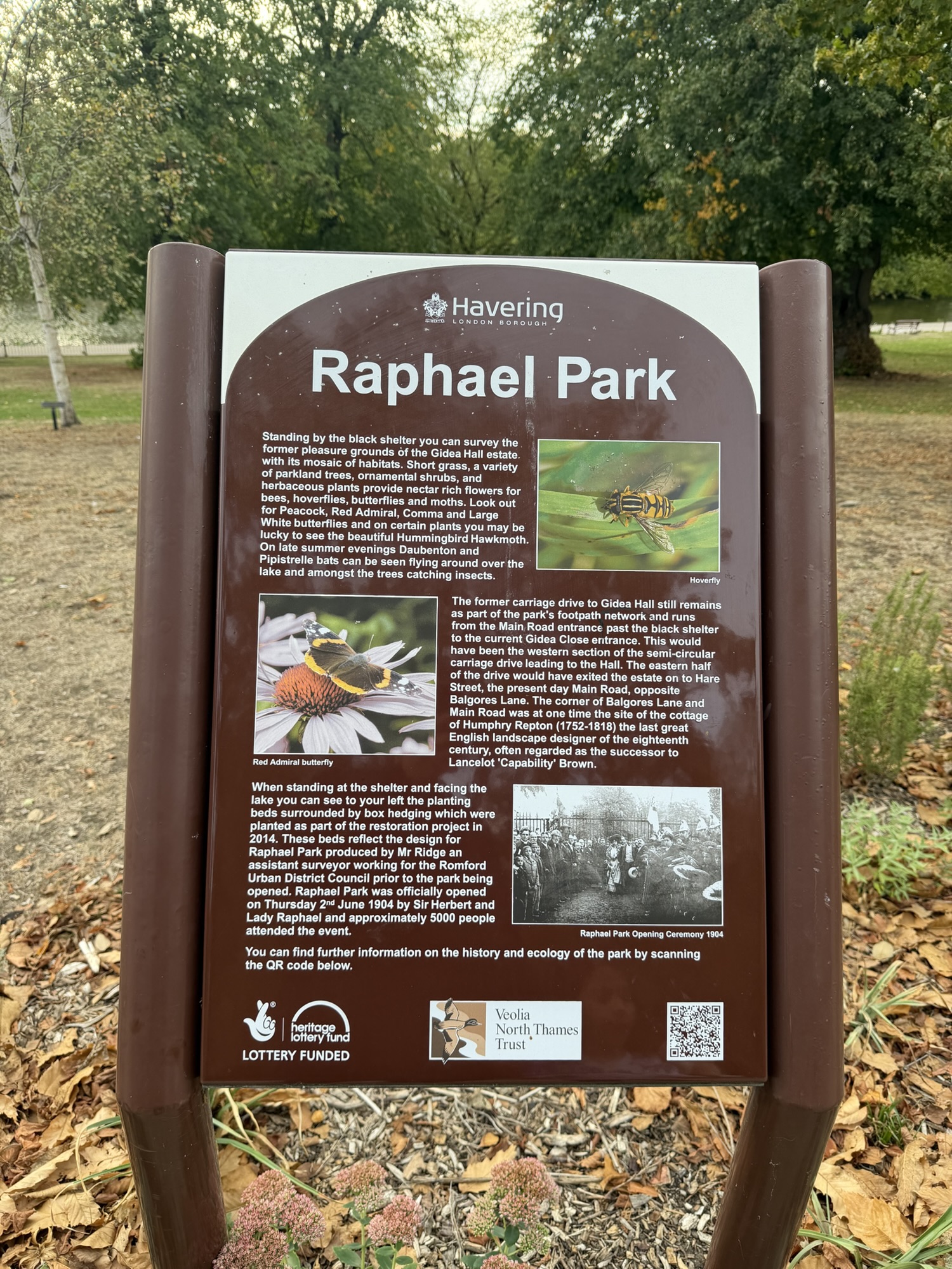 Havering council information board about the history and wildlife of Raphael Park