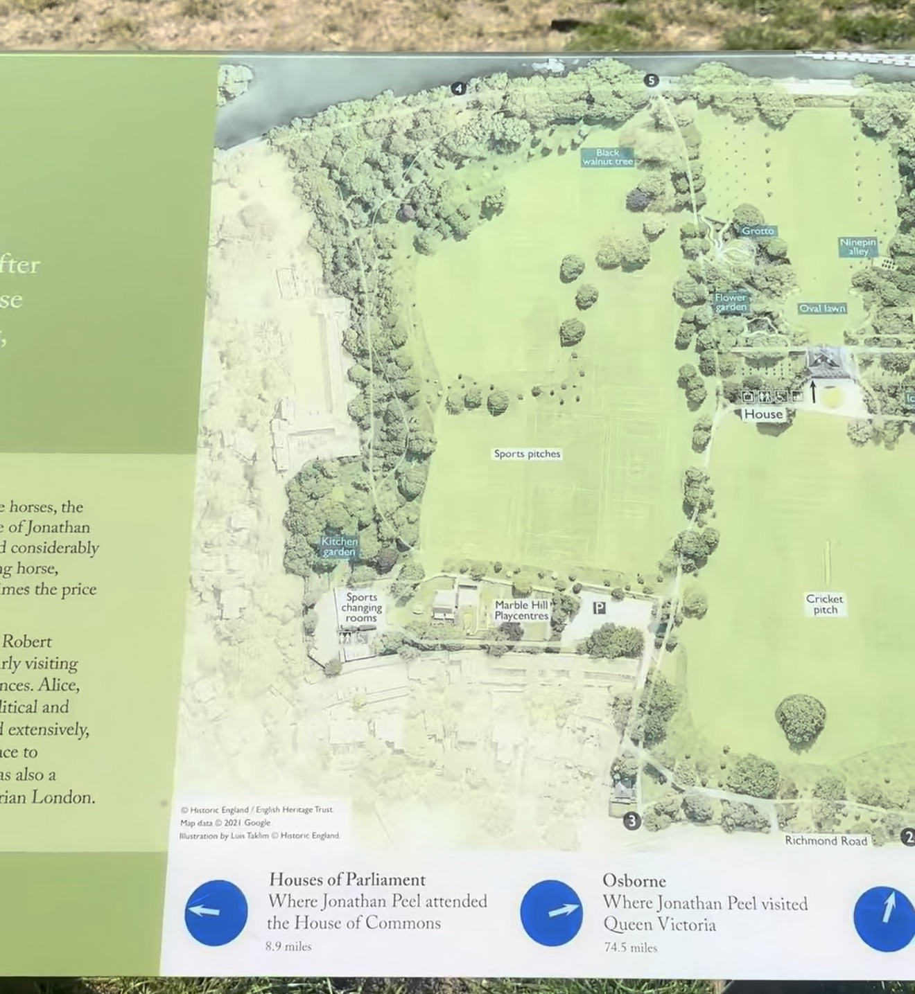 Detailed aerial map on the history board showing the grotto, kitchen garden, sports pitches and cricket pitch at Marble Hill
