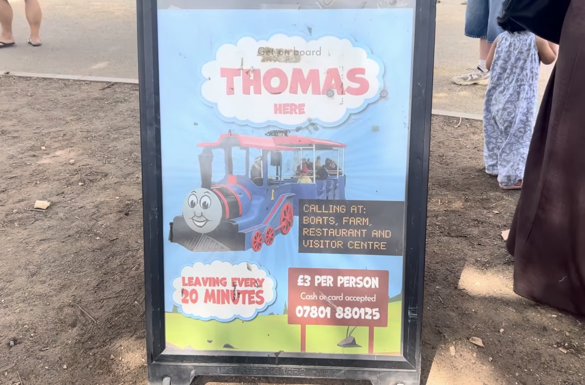 Sign for the park train at Hainault Forest showing £3 per person and departures every 20 minutes