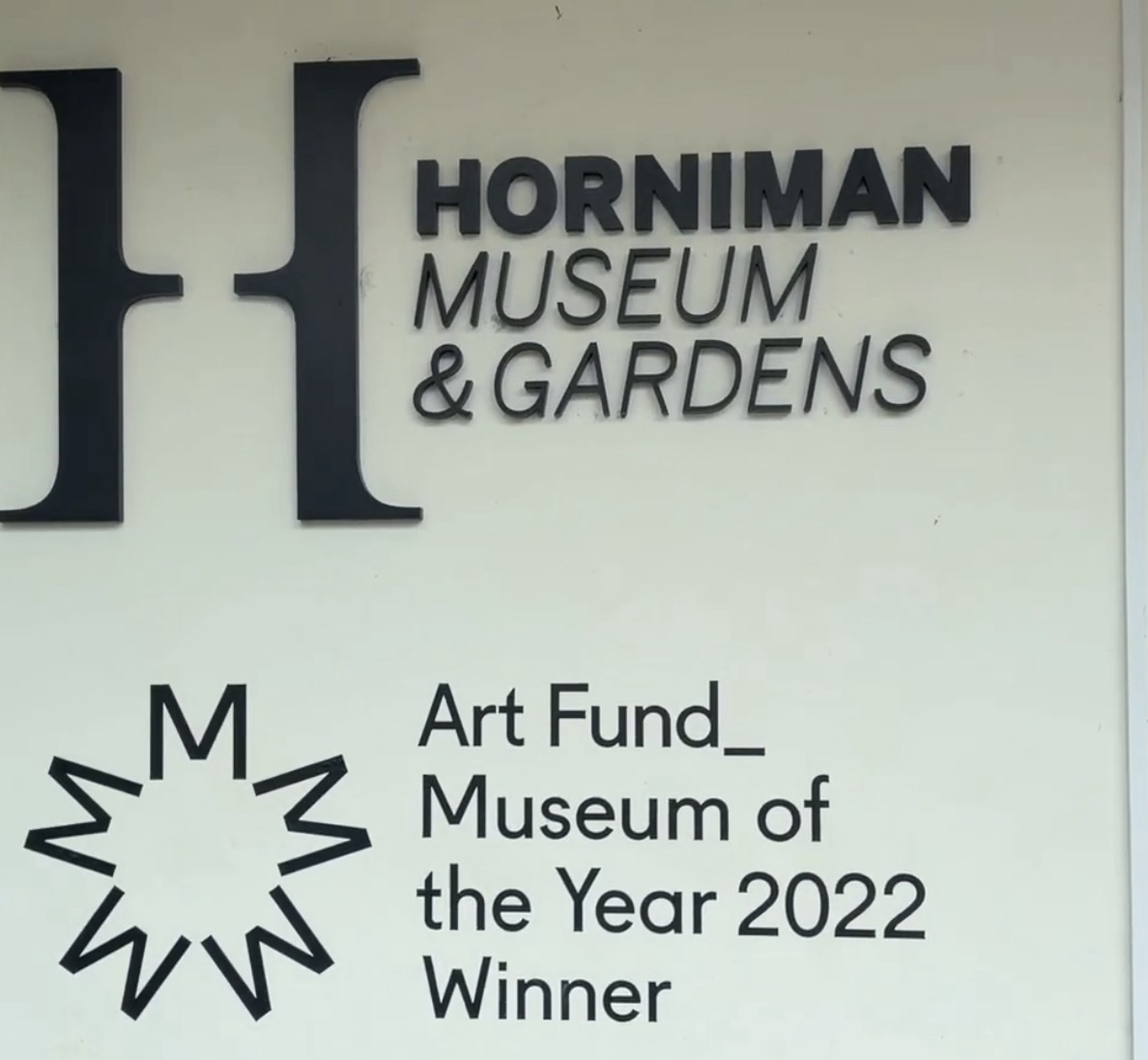 Horniman Museum and Gardens sign with the Art Fund Museum of the Year 2022 Winner logo