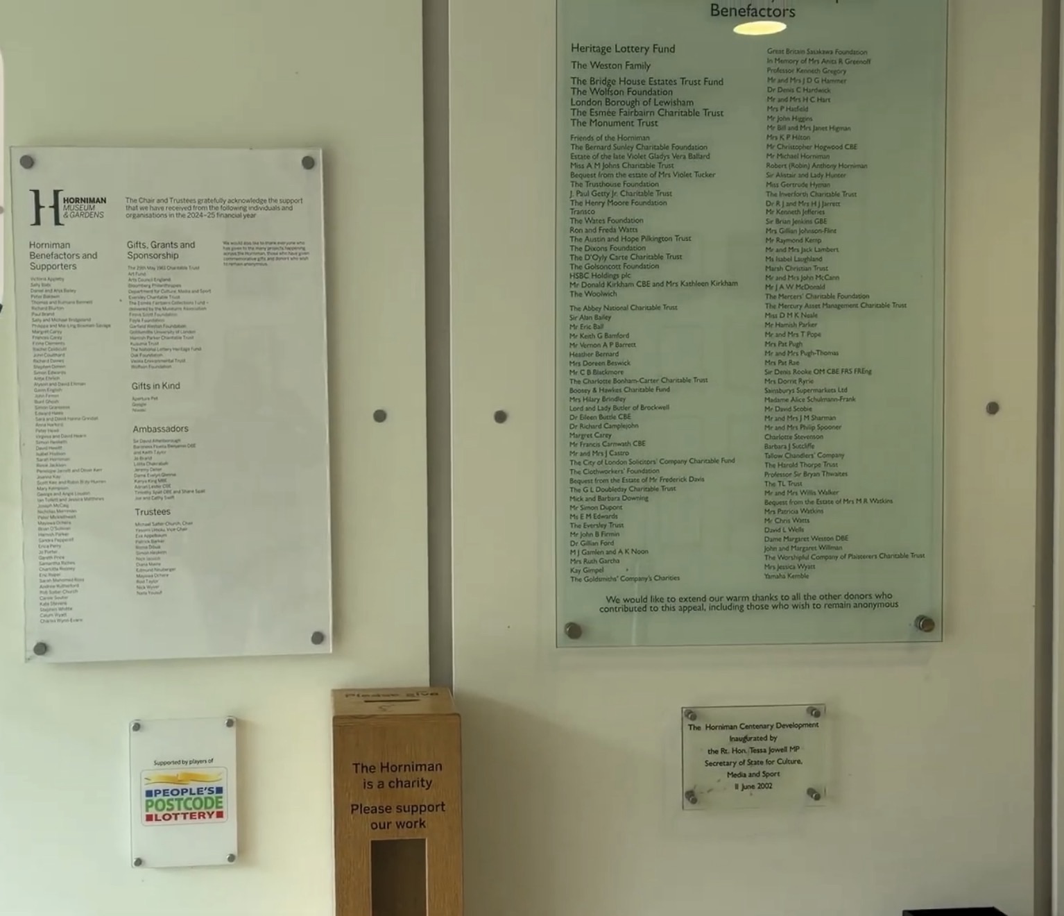 Benefactors and supporters boards at the Horniman Museum with a donation box reading the Horniman is a charity