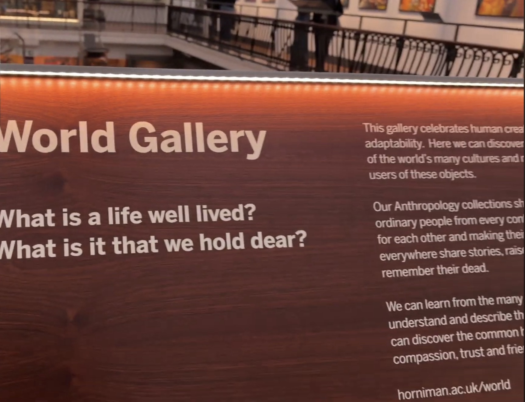 Introduction panel to the World Gallery at the Horniman Museum asking what is a life well lived
