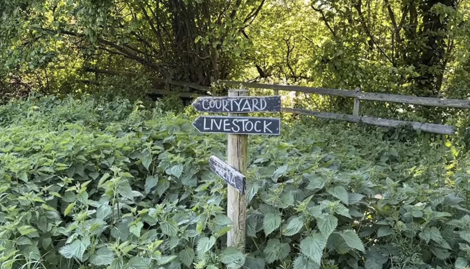 Wooden signpost at Mudchute pointing to the Courtyard, Livestock and Arena