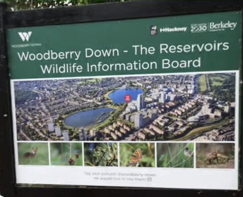 Green information board titled Woodberry Down The Reservoirs Wildlife Information Board with an aerial view and photos of a fox, a butterfly and a reed warbler