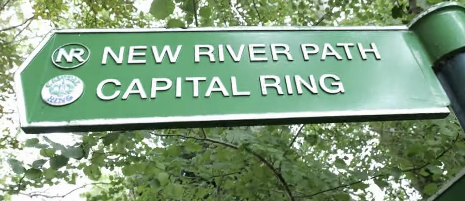 Green fingerpost sign reading New River Path and Capital Ring among leafy branches